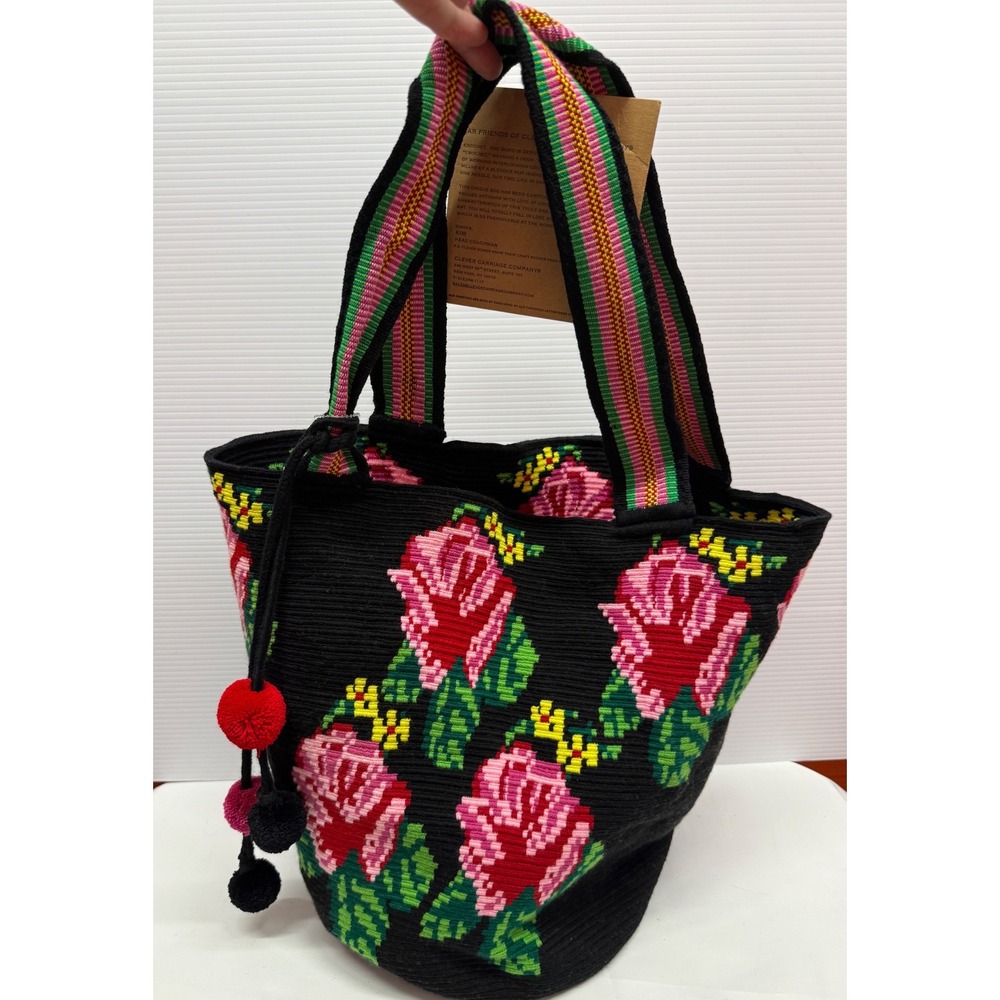 Clever Carriage Company Colombia Wayuu XL‎ Shopper Tote Bag Crochet Rose Floral